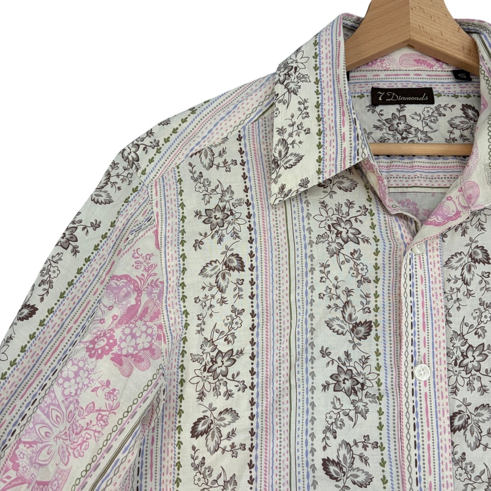 7 Diamonds Womens Small Floral Stripe Cotton Button Down Long Sleeve Shirt Pink